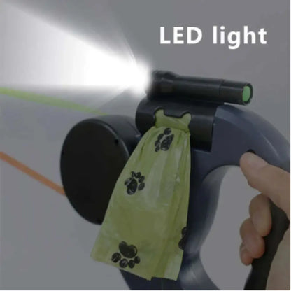 Auto Retractable Dual Dog Leash with LED Light & Waste Bag Dispenser - 3M Tangle-Free Lead for Two Dogs