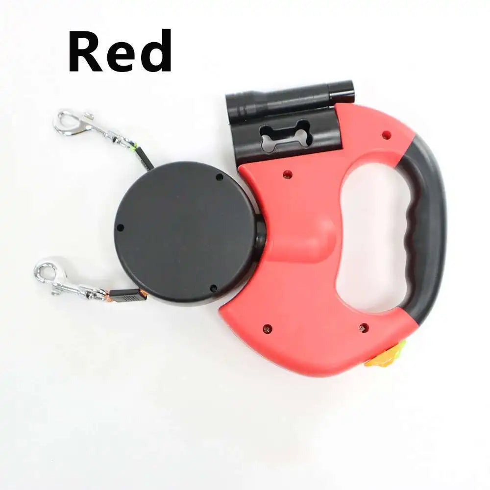 Auto Retractable Dual Dog Leash with LED Light & Waste Bag Dispenser - 3M Tangle-Free Lead for Two Dogs
