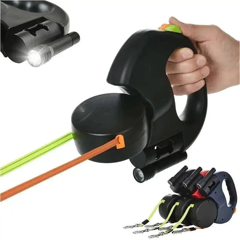 Auto Retractable Dual Dog Leash with LED Light & Waste Bag Dispenser - 3M Tangle-Free Lead for Two Dogs